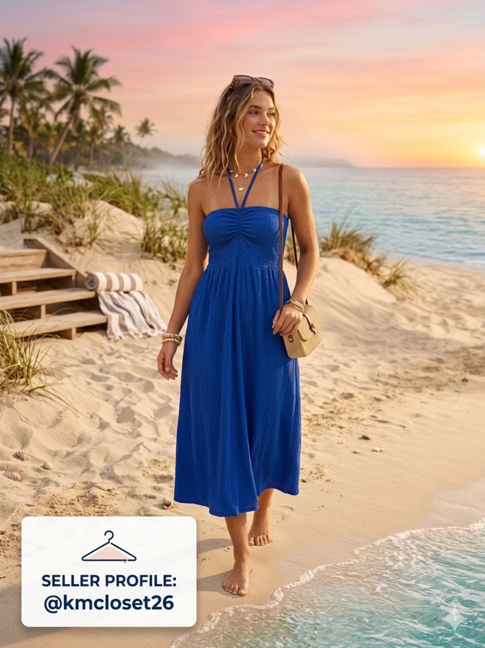 H&M Royal Blue Crinkled Halter Midi Dress - Resort Wear - NWT XS"